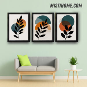 Abstract framed artwork with geometric shapes and organic elements, perfect for modern home decor. Available in stylish black frames.