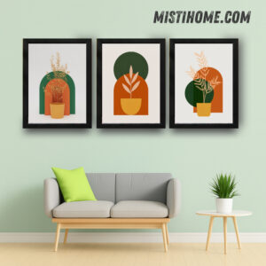 Abstract framed artwork with geometric shapes and organic elements, perfect for modern home decor. Available in stylish black frames.